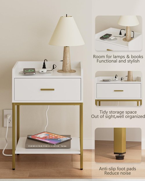 Apetaccat Nightstand with Charging Station,3-Tier Bedside Table for Small Space,Modern Night Stand with Storage Drawer and Shelf,Small Side Table for Bedroom,Living Room,White