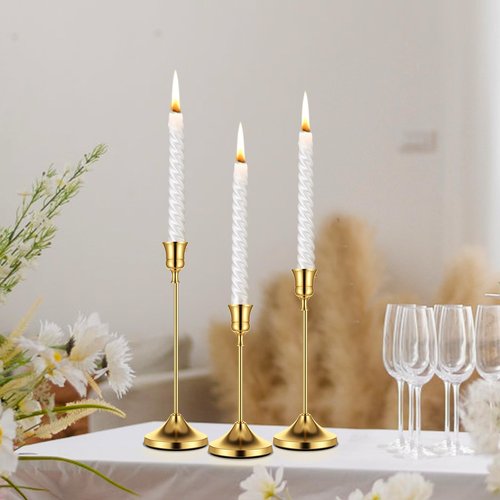 Gold Taper Candle Holders for Pillar Candles, Brass Candlestick Holders, Skinny Candle Holder Decor for centros de mesa Table Centerpiece