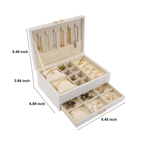MOSISO Jewelry Box for Women, Large PU Leather Jewelry Organizer Drawer Storage Case with 2 Layers Display for Earrings Bracelets Rings Necklaces Watch Holder, White