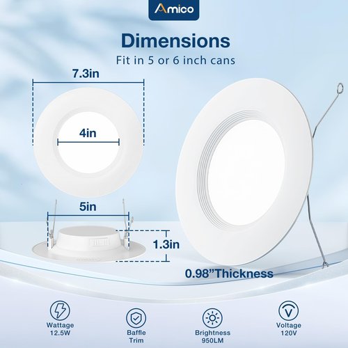 Amico 1 Pack 5/6 inch 5CCT LED Recessed Lighting, Dimmable, IC & Damp Rated, 12.5W=100W, 950LM Can Lights with Baffle Trim, 2700K/3000K/4000K/5000K/6000K Selectable, Retrofit Installation - ETL & FCC