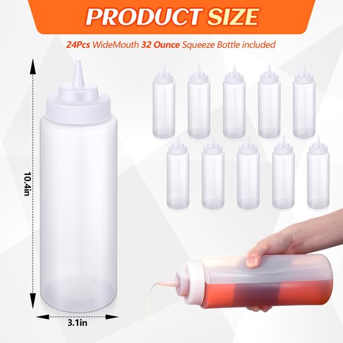 Singhoow 24 Pcs 32 oz Squeeze Bottle Large Plastic Wide Mouth Squeeze Bottles for Condiment Sauces Chocolate Ketchup Mustard BBQ Grill Restaurant (Clear)