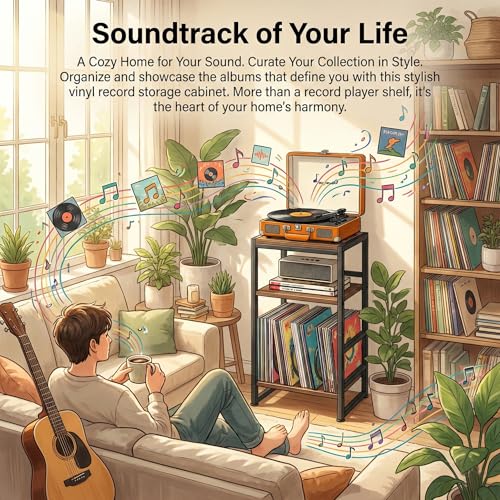ZEXVIDA 3-Tier Vinyl Record Player Stand, End Table for Album Storage, 28" H Record Player Stand with Storage Up to 120 Albums, Side Table for Living Room Bedroom (Rustic Brown)
