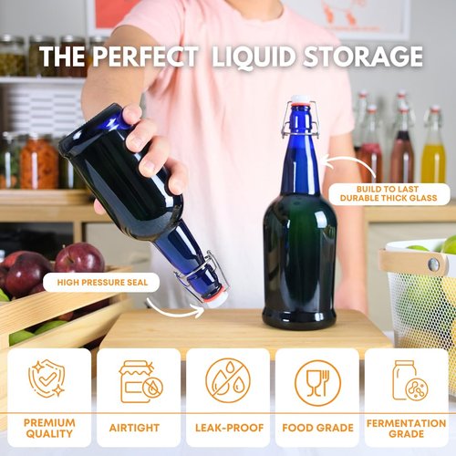 FastRack Swing Top Glass Bottles |16 oz – Pack of 12 | Blue Flip Top Glass Bottles for Home Brewing, Carbonated Drinks, Kombucha, Fermentation, Water | Food Grade – ECO Friendly