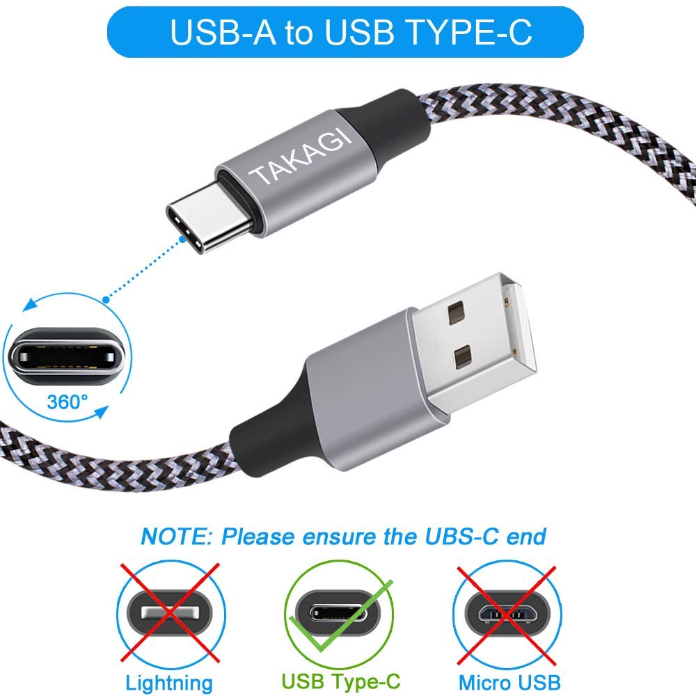TAKAGI USB to USB C Cable - Fast Charging Nylon Braided Data Sync Cord (3-Pack, 6ft) for iPhone & Galaxy