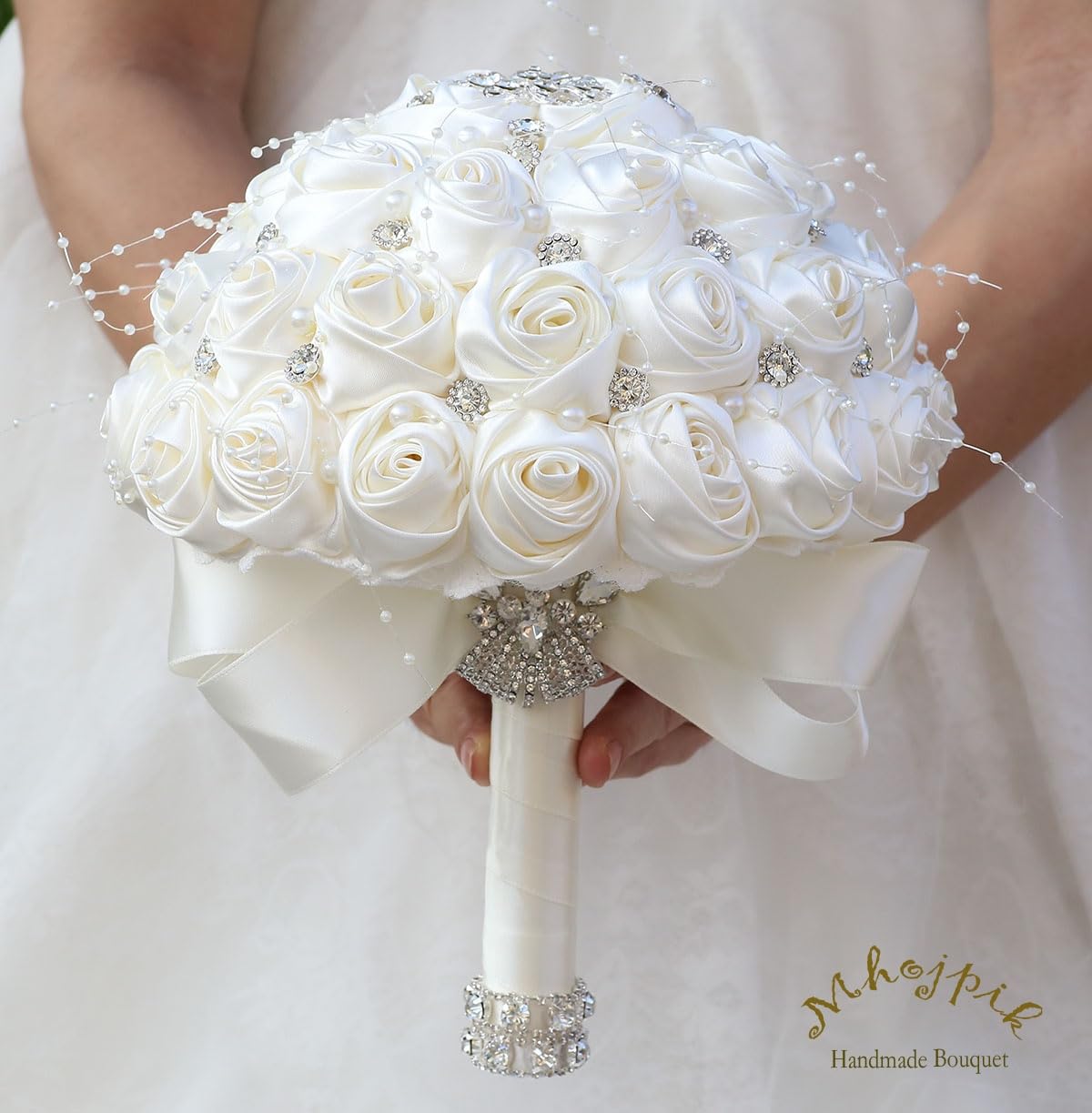 Mhojpik Bridal Wedding Bouquet Round Bling Brooch Holding Bouquet Artificial Rose Flower Bunch for Bride Bridesmaid Wedding Quinceanera(Ivory, 9.8")