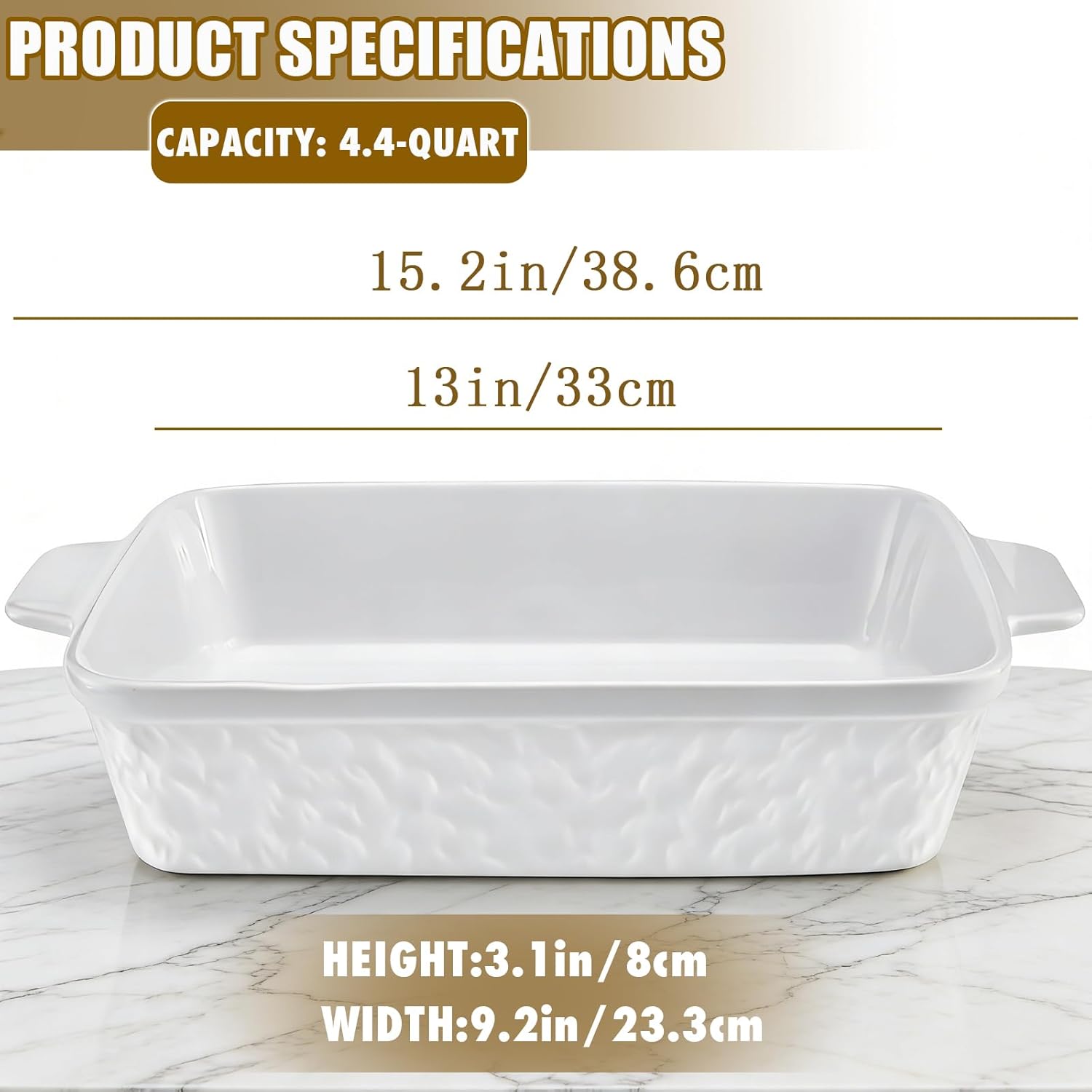 Regine Switzerland 9x13 Baking Pan - Durable Ceramic Casserole Dish with Handles | 4.4QT Soft White