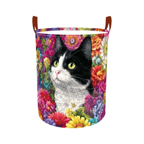 Laundry Baskets 15.7x19.7 Inch Large Cat Floral Garden Design Collapsible Laundry Hamper with Handles Oxford Fabric Clothes Storage Bin Foldable Dirty Clothes Organizer for Bedroom Bathroom Dorm