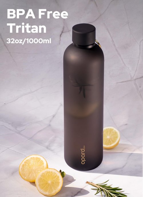 Opard Slim Water Bottle 32oz, Dishwasher Safe Plastic Water Bottle BPA-Free, Leakproof Screw Top, Charcoal Black, Reusable for Travel School Sport Gym Hiking