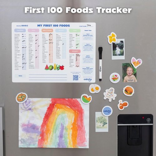 CATCHY - My First 100 Foods Tracker Set - 1 Magnetic Whiteboard Checklist, 10 Fridge Magnets + 1 Marker - Lists All Major Food Groups + Key Allergens - with Expert Tips - Reusable