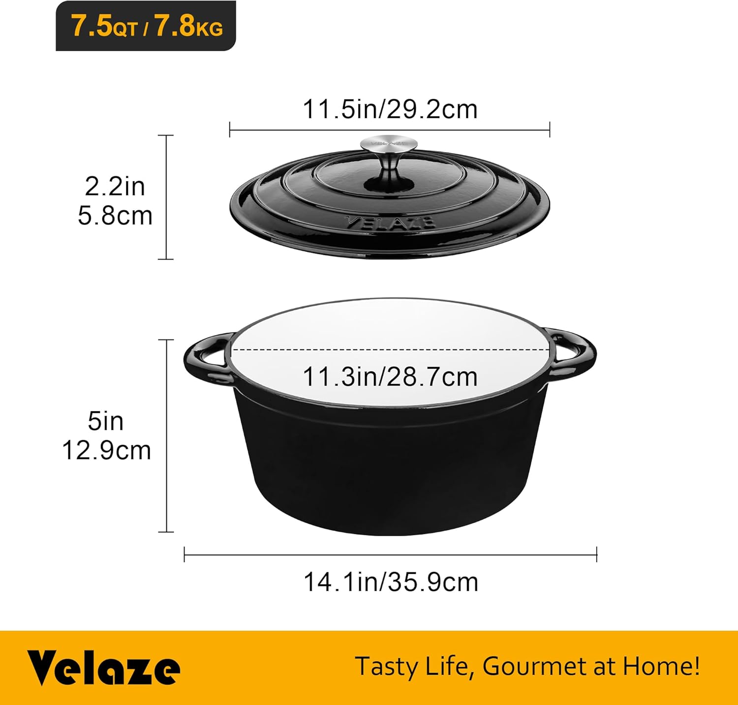 Velaze 7.5 QT Dutch Oven - Enameled Cast Iron Cookware with Dual Handles for Sourdough Baking | Black