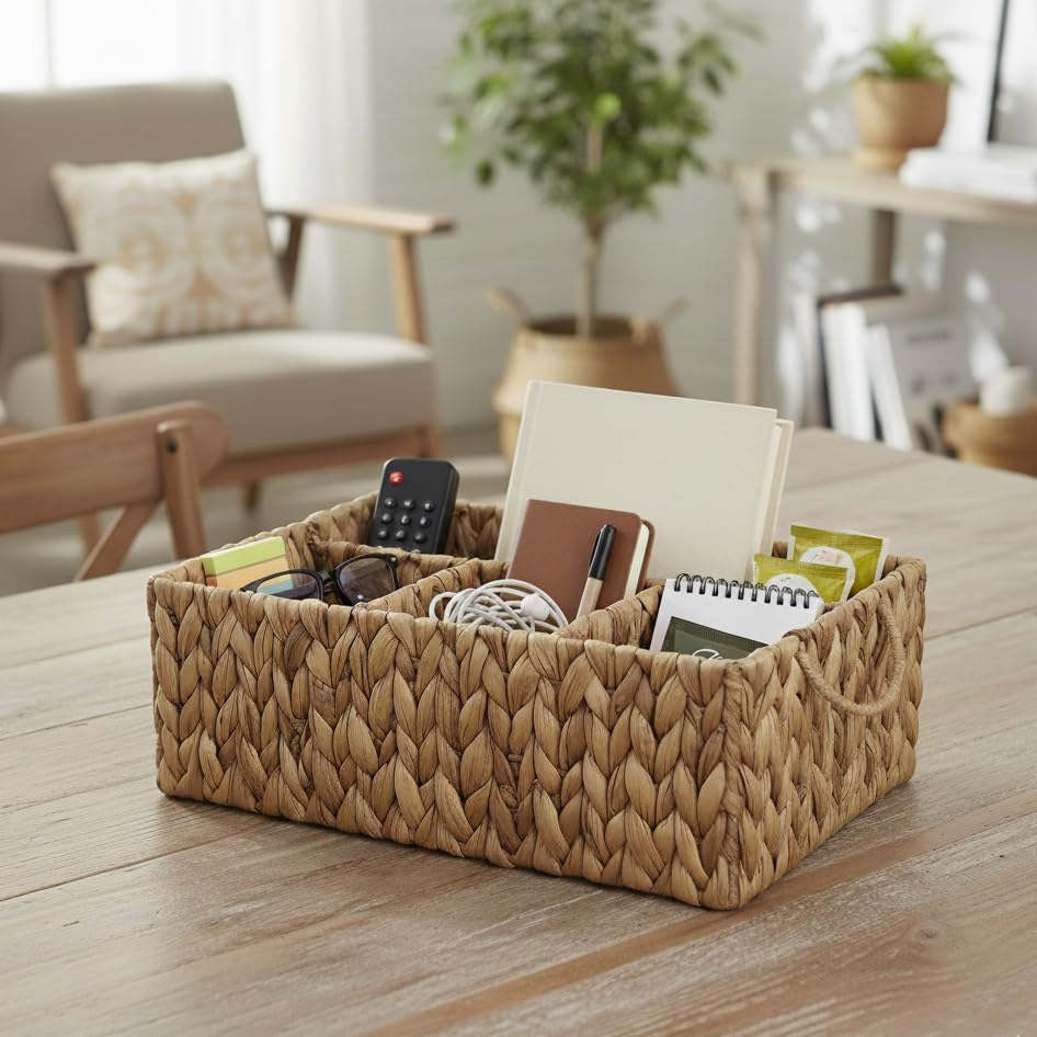 VILSSOVY Storage Basket with Handles, Water Hyacinth Storage Baskets, Wicker Diaper Caddy, Basket with dividers, Countertop Organizer for Bathroom, Living Room, Home(15.75*11.03*5.52 inches)