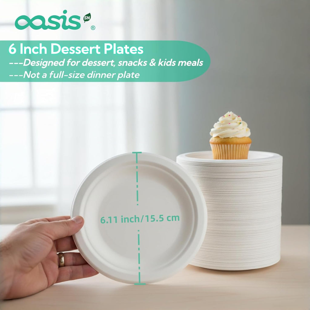 Skiennix Compostable Paper Plates - Heavy-Duty 6-Inch Dessert Plates | Eco-Friendly & Biodegradable, Perfect for Kids' Meals & Parties