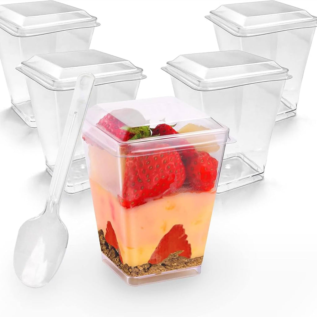 joy akkess 100 Pack 5 oz Plastic Dessert Cups with Lids and Spoons - Clear Yogurt Parfait Cups with Lids - Mini Dessert Shooter Cup with Spoons for Fruit Pudding Mousse Ice Cream Appetizer