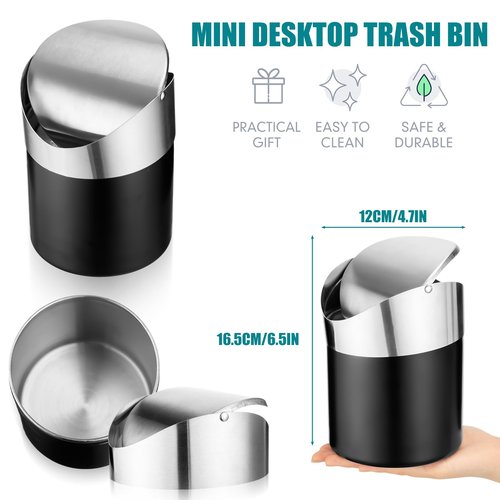 Yiyiring 2 Pcs Desk Trash Can with Swing Lids, 12 Rolls of Trash Bags, 2L Brushed Stainless Steel Countertop Garbage Bin Small Wastebasket with Lid for Office Desk, Coffee Table(Matte Black)