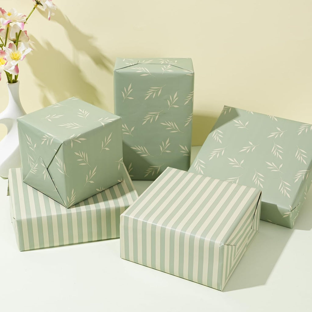 ZINTBIAL Reversible Gift Wrapping Paper Roll - Light Green & Beige Leaves Design - 17.5" x 33' (48 sq. ft.)