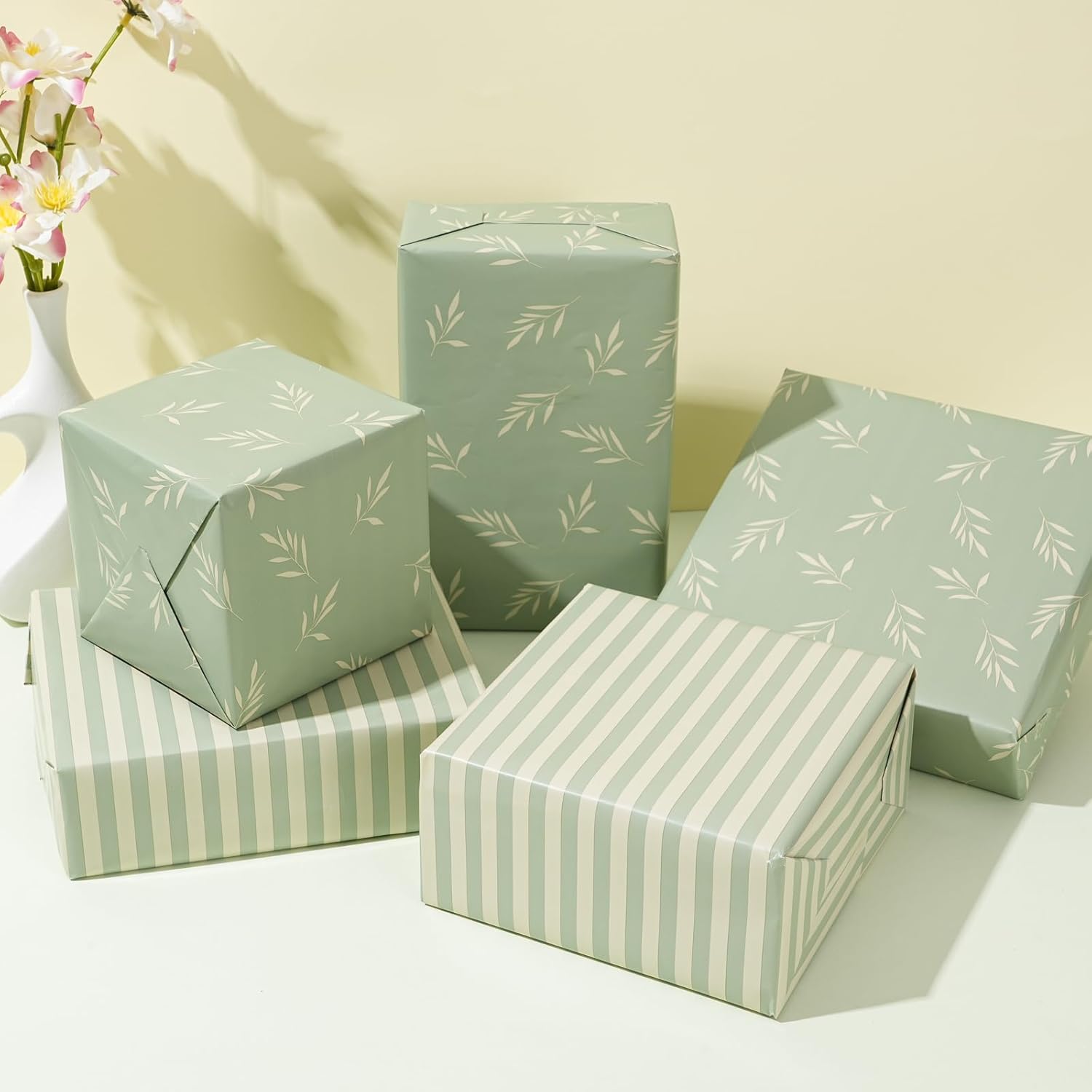 ZINTBIAL Reversible Gift Wrapping Paper Roll - Light Green & Beige Leaves Design - 17.5" x 33' (48 sq. ft.)