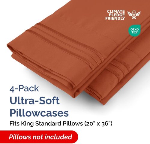 King Standard Pillow Cases - Soft Hotel Quality Pillowcase Covers - Comfy & Machine Washable - 4 Piece Set in Terracotta