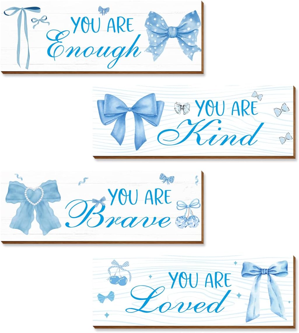 Skiennix 4 Pcs Blue Coquete Bow Room Decor - Trendy Preppy Wall Art for Teen Girls' Bedroom & Bathroom