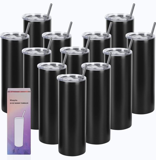 12 Pack 20 Oz Straight Skinny Tumblers,Individually Gift Boxed Stainless Steel Slim Skinny Tumbler Set Bulk, 20 Oz Insulated Slim Thin Travel Tumbler Cup for Diy, Black