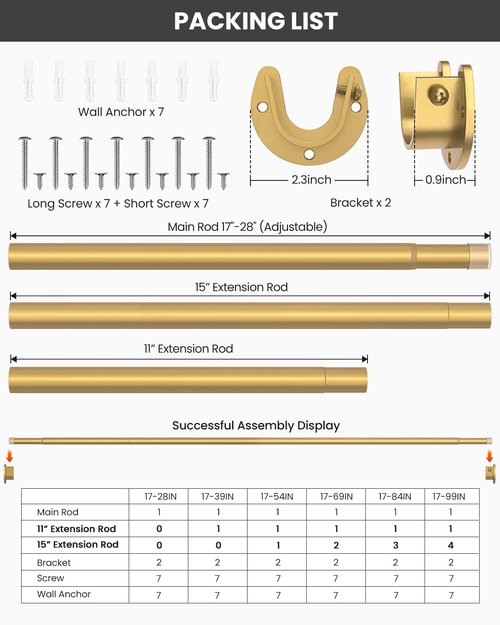 Supforce Closet Rods for Hanging Clothes, 17 to 54 Inches Stepless Adjustable Metal Closet Rod, 1.3 Inches Heavy Duty Clothes Hanging Rod for Closet Wardrobes Laundry RV, Golden