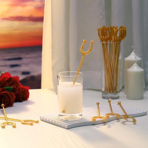 Sunnychicc 6 Inch Derby Drink Plastic Stirrers Swizzle Sticks for Cocktails Coffee Reusable U Shaped Horseshoe Drink Stirrers for Coffee Beverage Party Bar Weddings Events(Gold,30 Pcs)