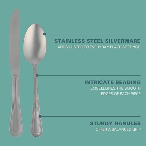 Gibson Home Sinta 87-Piece Stainless Steel Flatware Set with Bead Border Design – Service for 12 Plus Serving Utensils, Polished Silverware, Dishwasher Safe