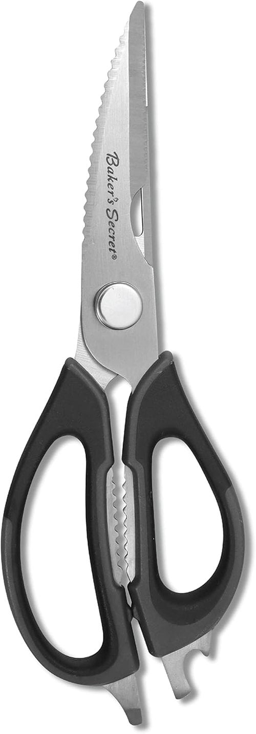Baker's Secret Kitchen Scissors - 8.5" Stainless Steel Shears with Nut Cracker & Bottle Opener - Black Handle