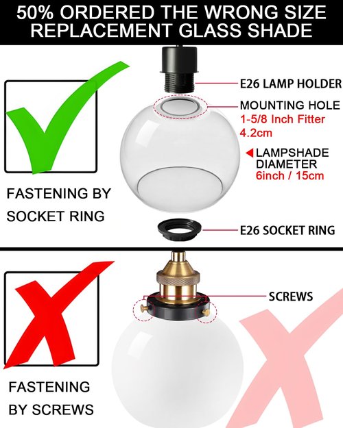 3 Pack Fixture Replacement Globe Shade, 6 Inch Diameter, E26 Base 1-5/8 Inch Fitter, Glass Globe Lampshade Cover for Pendant Wall Sconce Chandelier Vanity Light (3 Pack 6 Inch White Frosted Glass)