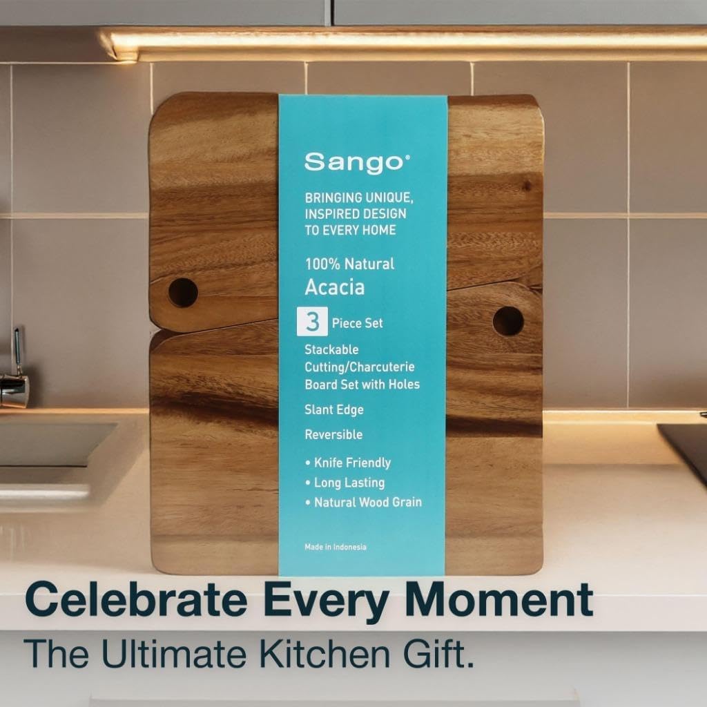 Sango Acacia Cutting Board Set - 3-Piece Slant Edge & Hanging Holes | Stackable, Reversible, Non-Toxic
