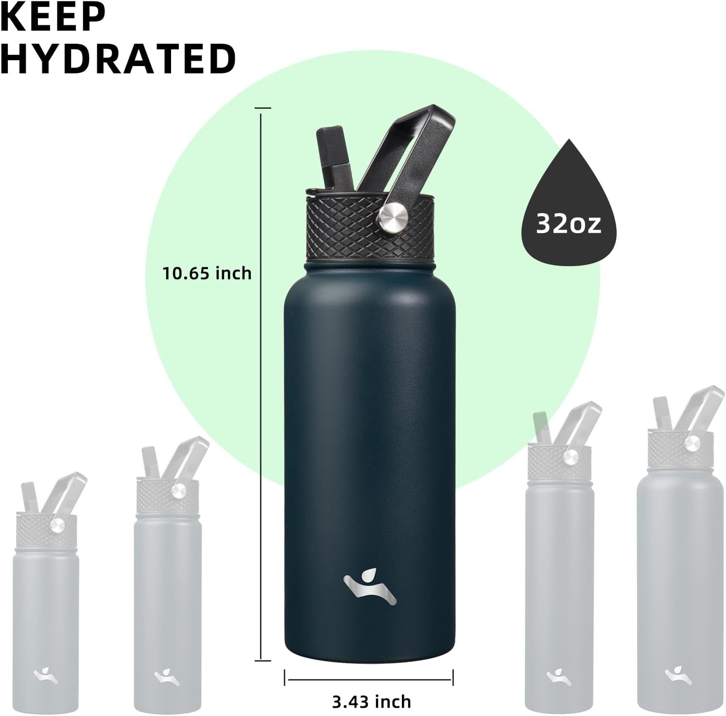Skiennix 32 Oz Insulated Stainless Steel Water Bottle - Versatile Sport Bottle with 3 Lids | Navy Blue