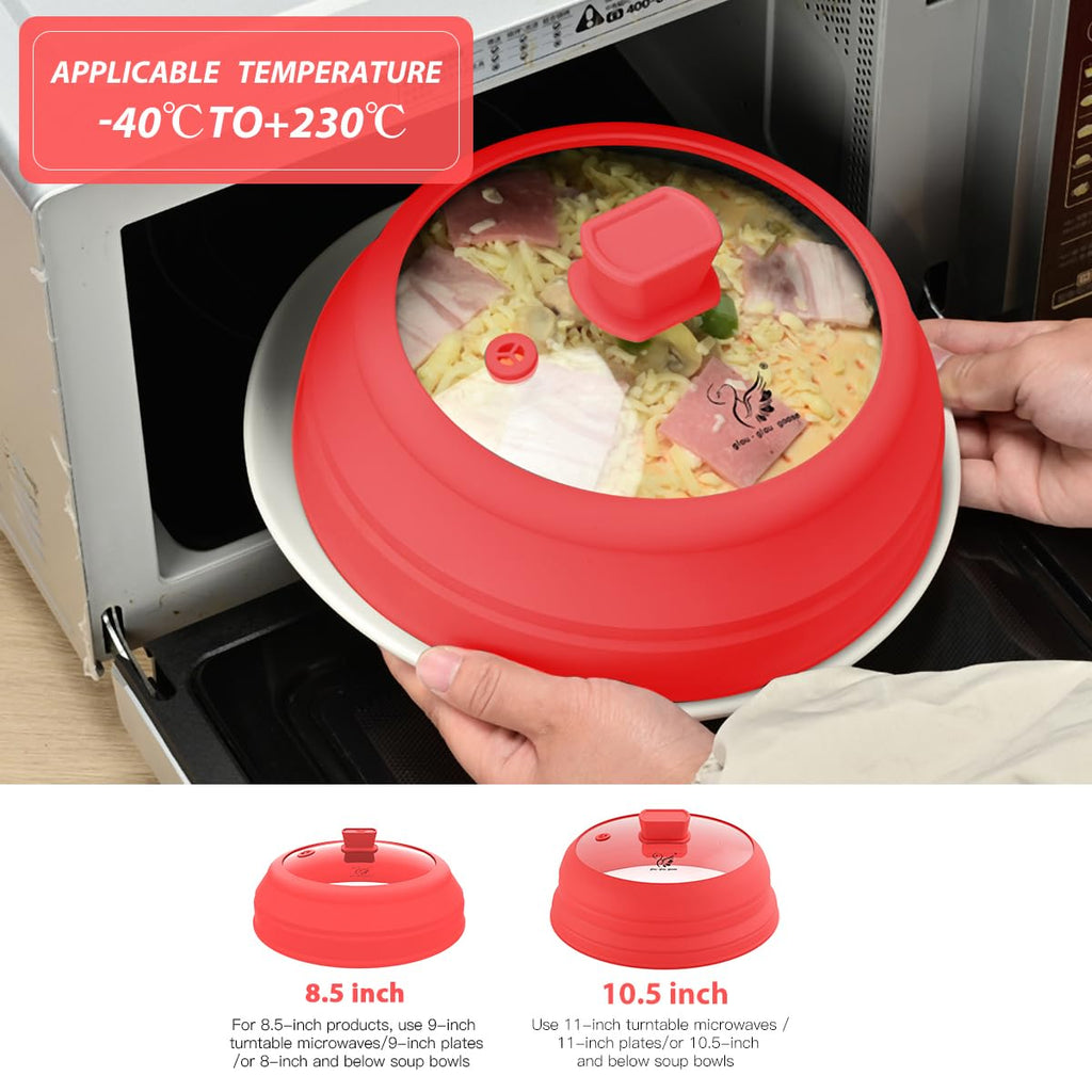 Microwave Splatter Cover Glass Splatter Guard Lid with Collapsible Silicone for Small Bowls Food Plate Cover 9 inch Red