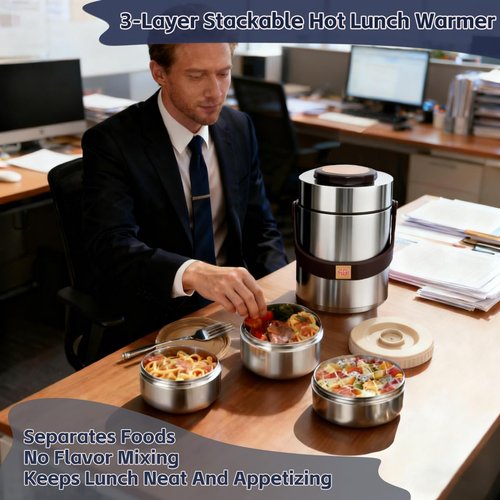 Vacuum Insulated Food Container Set with 3 Stackable Compartments - 67oz Adults Thermal Lunch Box, Leak-Proof Stainless Steel Wide Mouth Thermal Food Jar for Hot Food, Office & Outdoor