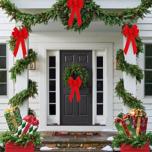 Yuubin 6 Pcs Red Christmas Bows Outdoor Decorations,12”x20” Large Velvet Wreath Bow with Glitter String Gold Edge for Xmas Tree Topper Home Front Door Decor