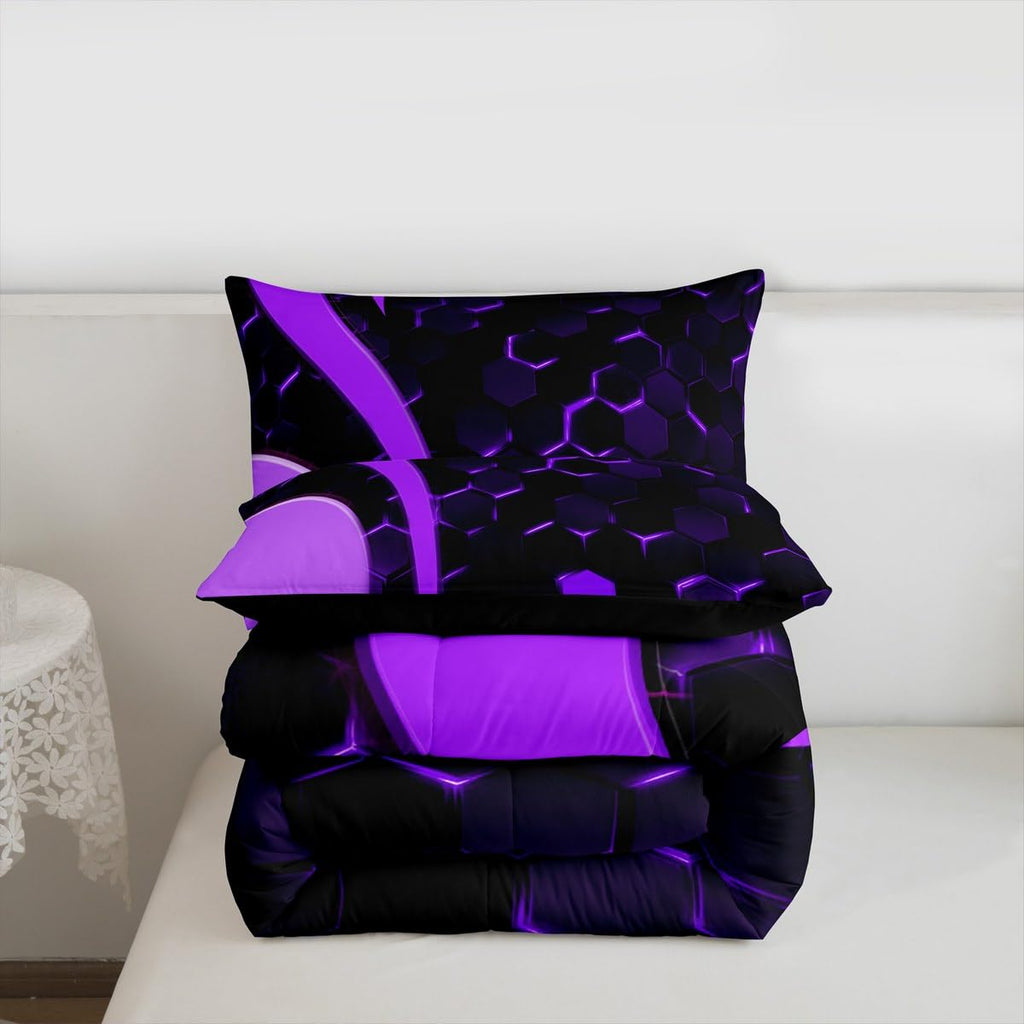 Feelyou Honeycomb Comforter Hexagonal Print Bedding Set Geometrical Beehive Purple Blue Comforter Set for Boys Girls Teens Decor Modern Art Duvet Set Quilt Twin Size Boys
