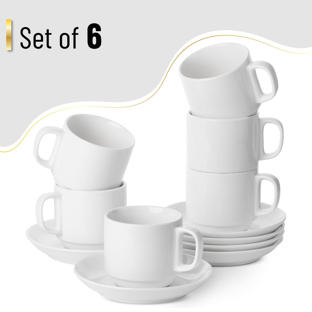 BTaT- Stackable Tea Cups and Saucers, White, Set of 6 (8 oz), Cappuccino Cups, British Coffee Cups, Porcelain Tea Set