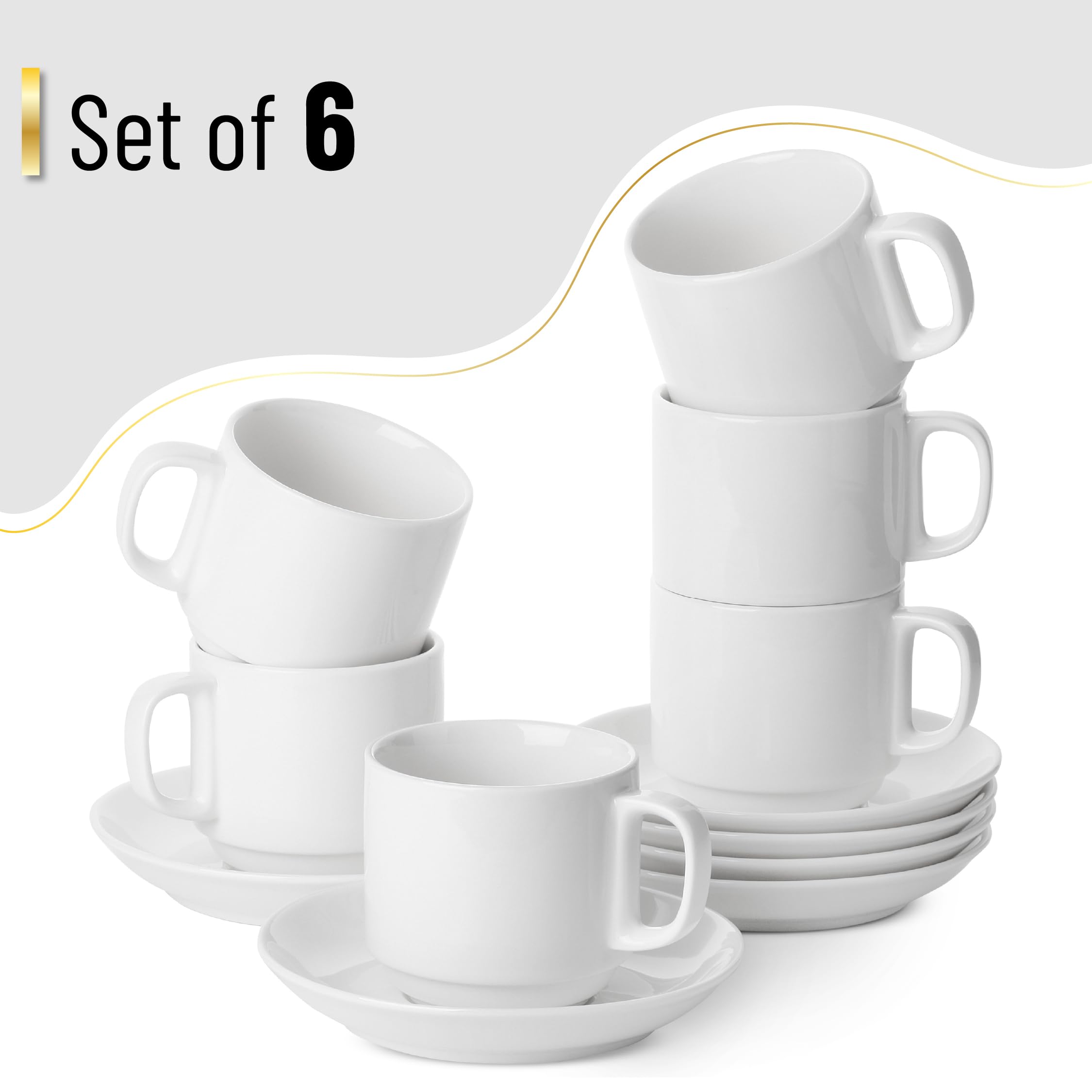 BTaT- Stackable Tea Cups and Saucers, White, Set of 6 (8 oz), Cappuccino Cups, British Coffee Cups, Porcelain Tea Set