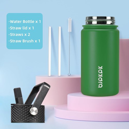 BJPKPK Insulated Water Bottle - 15 oz Stainless Steel Flask with Straw Lid | Reusable, Leak-Proof, BPA-Free, Macaron-Matcha