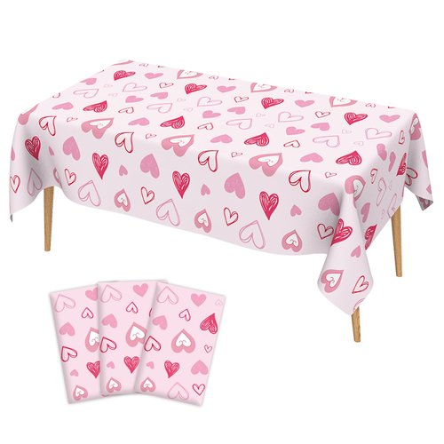 Valentines Tablecloth, 3Pack Valentines Day Tablecloth Decorations, 54x108 Inch Pink Heart Valentine Table Cloth Rectangle Disposable Table Cover for Valentine's Day Anniversary Wedding Party Supplies