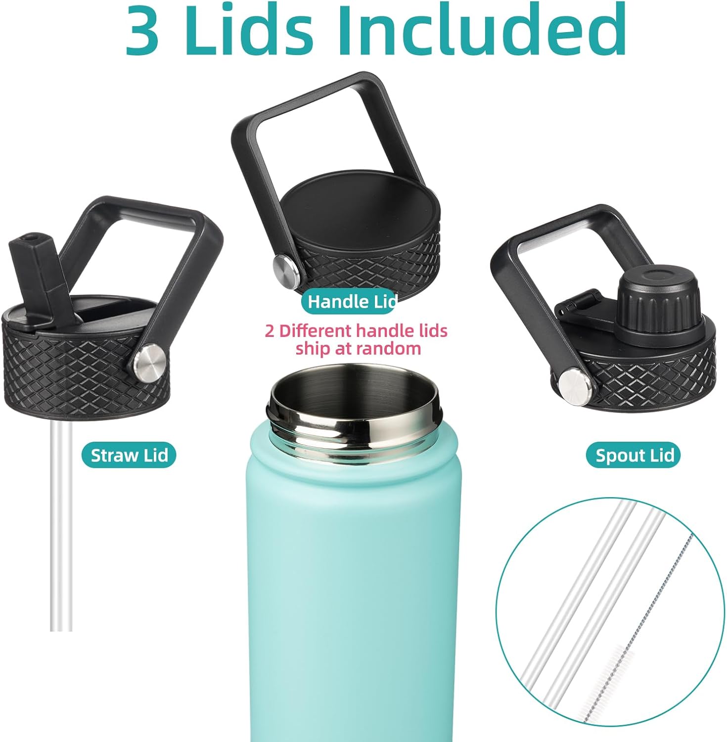Skiennix 22oz Stainless Steel Water Bottle - Insulated with 3 Lids | Turquoise Color