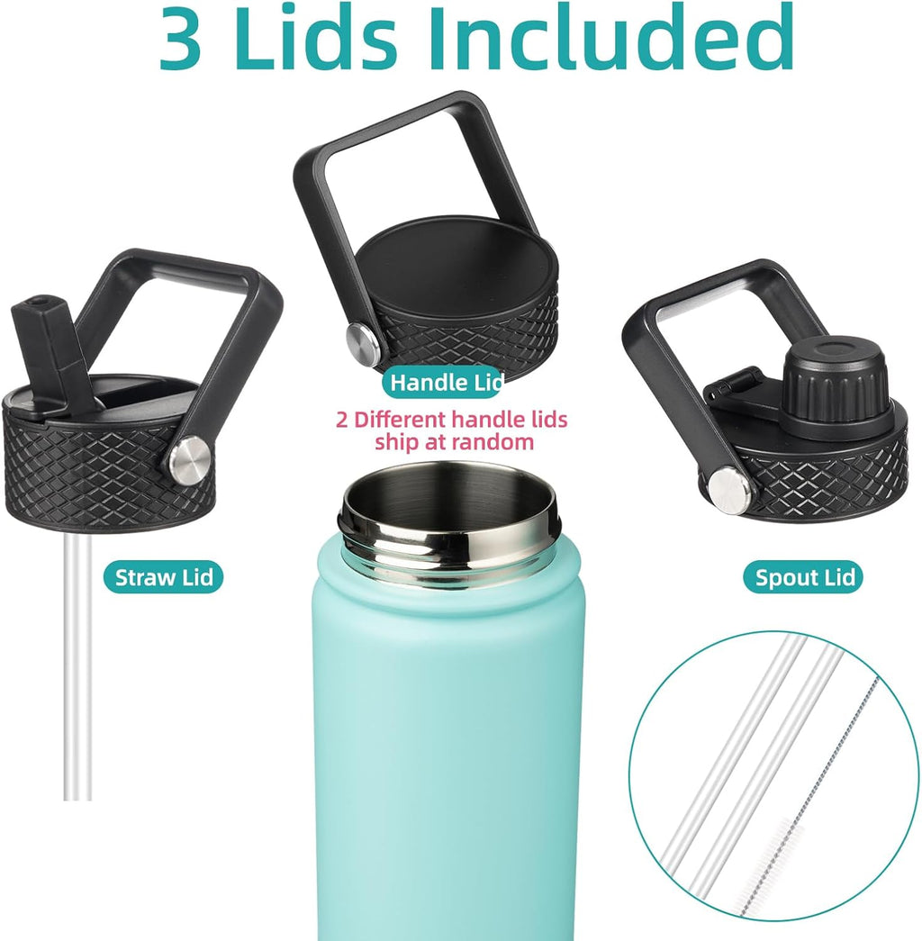 Skiennix Insulated Water Bottle - 18oz Stainless Steel Flask with Straw - Turquoise Color