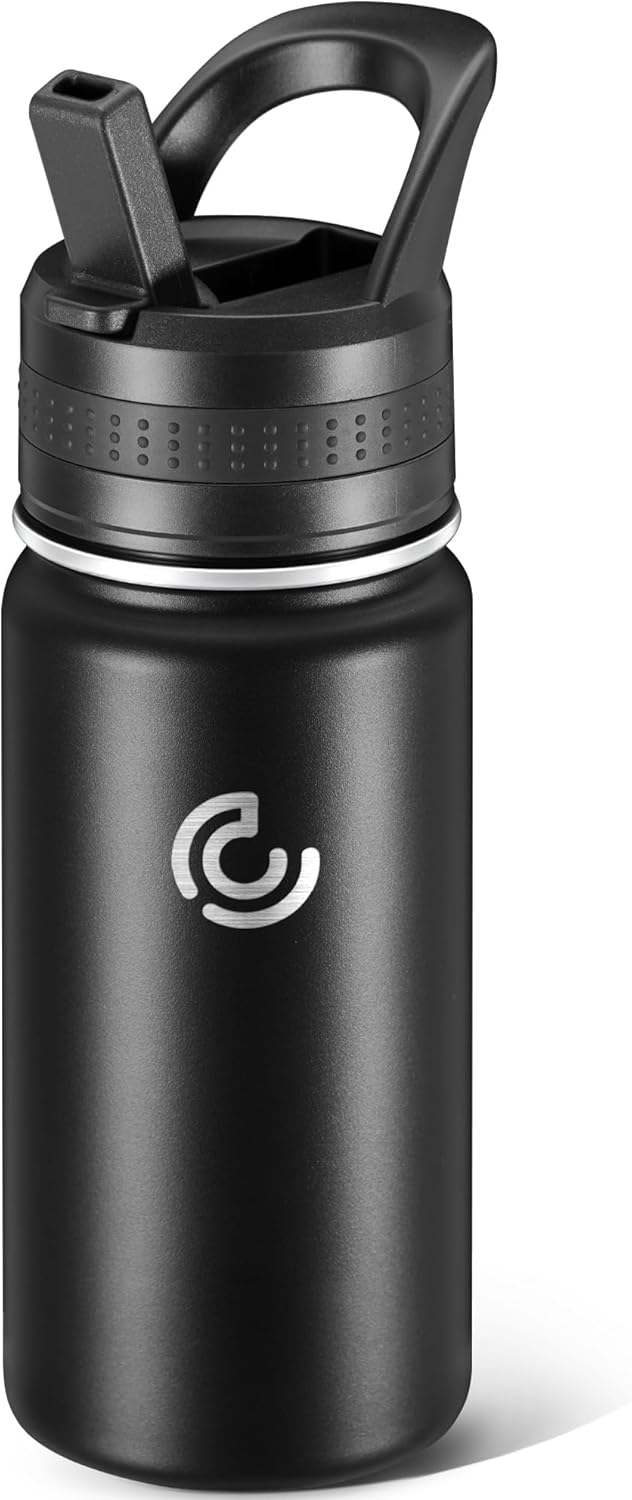 Skiennix 14 Oz Kids Water Bottle - Insulated Stainless Steel, Leak-Proof & BPA-Free | Black