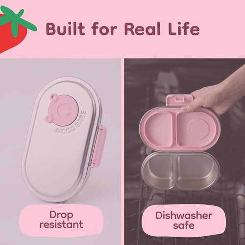 Good Bare Stainless Steel Snack Container for Kids – 2 Compartment Metal Bento Box, Leakproof, Non-Toxic, Easy-Open Latch, Dishwasher Safe, Small Snack Pack, Perfect for On-the-Go (Sweet Pink)
