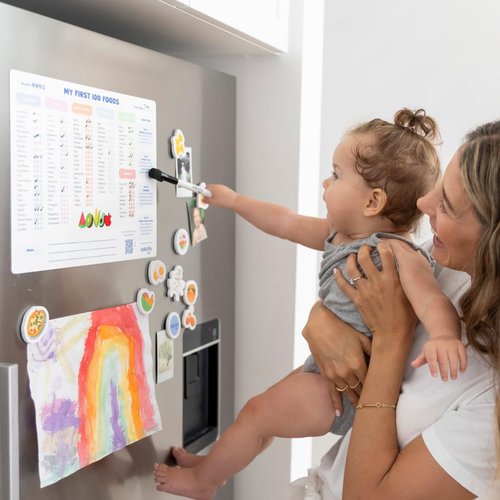 CATCHY - My First 100 Foods Tracker Set - 1 Magnetic Whiteboard Checklist, 10 Fridge Magnets + 1 Marker - Lists All Major Food Groups + Key Allergens - with Expert Tips - Reusable