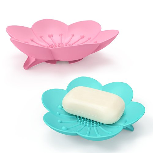 Soap Dishes 2 Pack Self Draining XL Flexible Bar Holder for Shower, Silicone Flower Soap Saver Tray for Counter Bathtub Sink Bathroom Decor with Drainage -Mirror Surface Easy Clean (Pink/Cyan Blue)