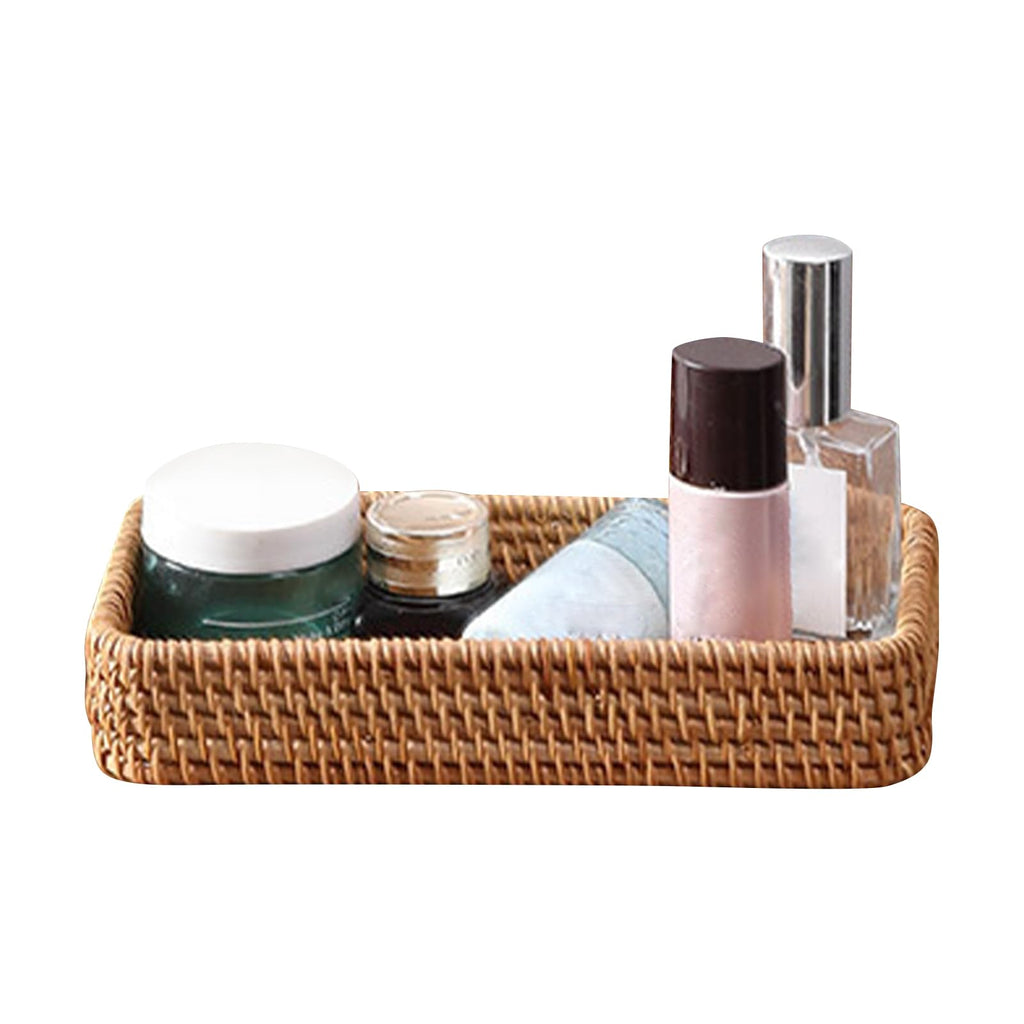 ‌Rattan Serving Tray & Vanity Storage Basket, Natural Wicker Display Tray for Keys, Jewelry, Cosmetics, Bathroom Countertop, Living Room, Entryway, Office