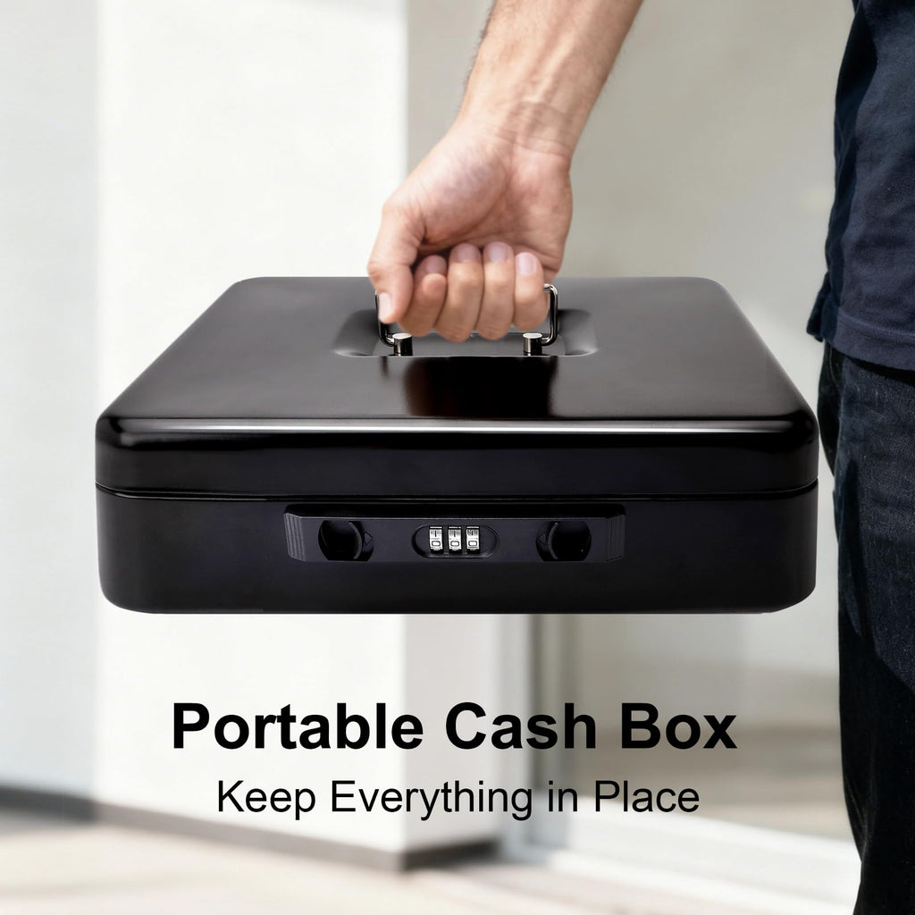 Jssmst Cash Box with Sliding Coin Lid and Snap Latch Combination Lock - Portable Cash Box with Money Tray and Lock, Secure Locking Money Box for Cash Organizer, 11.8L x 9.5W x 3.5H Inches, Black