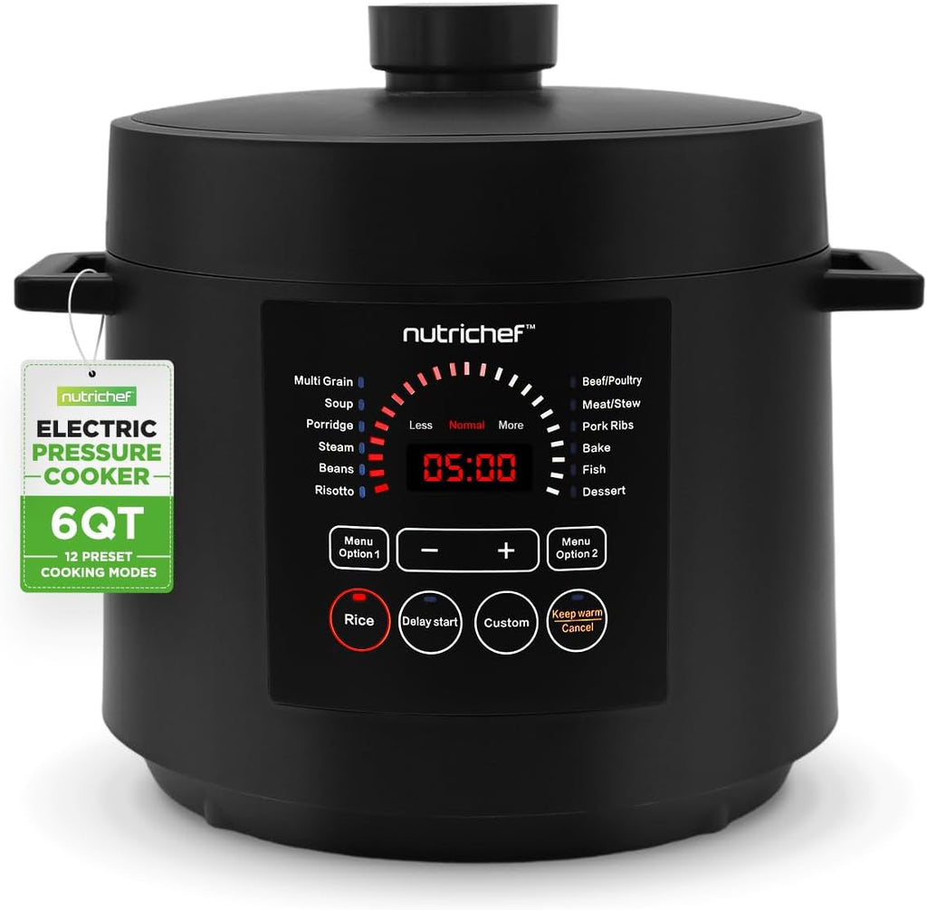NutriChef Electric Pressure Cooker - 6 Quart Capacity | 9-in-1 Digital Functions | Adjustable Time & Temperature | Black Finish