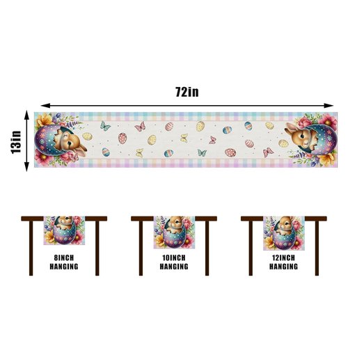 Happy Easter Table Runner Bunny Rabbit Watercolor Easter Eggs Flower Tablecloth Easter Spring Summer Party Decorations and Supplies for Home Kitchen Table-13×72''