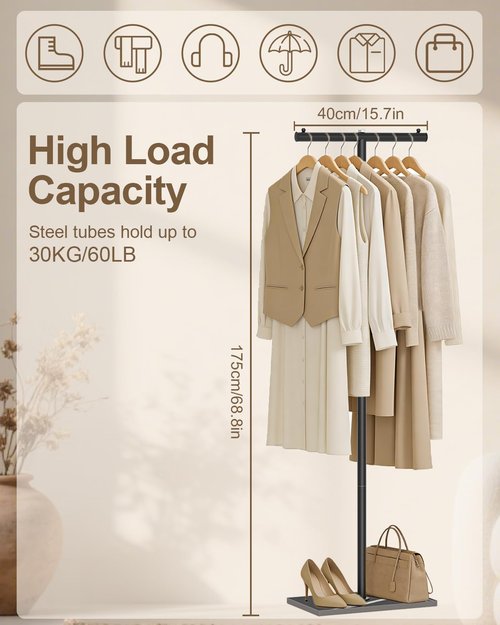 GUOHNHE T-shaped Coat Rack Freestanding, Modern Clothes Rack with Rock Slab Base, Heavy-duty Metal Coat Tree for Boutiques, Hallway, Entryway, 68.9 Inches High, Black, GYJ001B