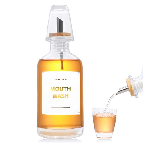 Glass Mouthwash Dispenser for Bathroom with Stainless Steel Nozzle, Reusable Mouthwash Cup and Elegant Gold Sticker(11.8OZ/Clear)